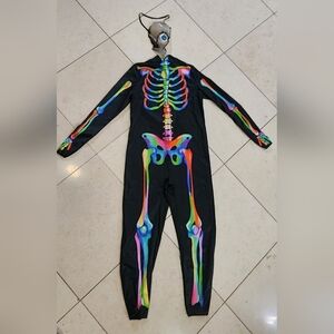 Psychedelic Skeleton Halloween Costume Bodysuit Kids Sz 10 Yrs & Half Skull Mask